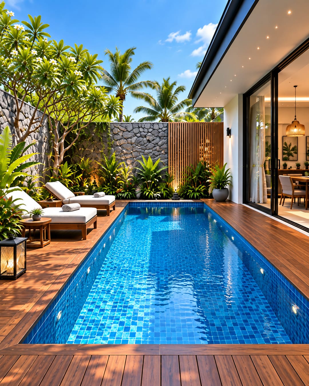 Desain Kolam Renang Minimalis dengan Pool Deck Kayu