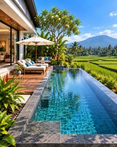 Kolam Renang Minimalis di Belakang Rumah View Persawahan