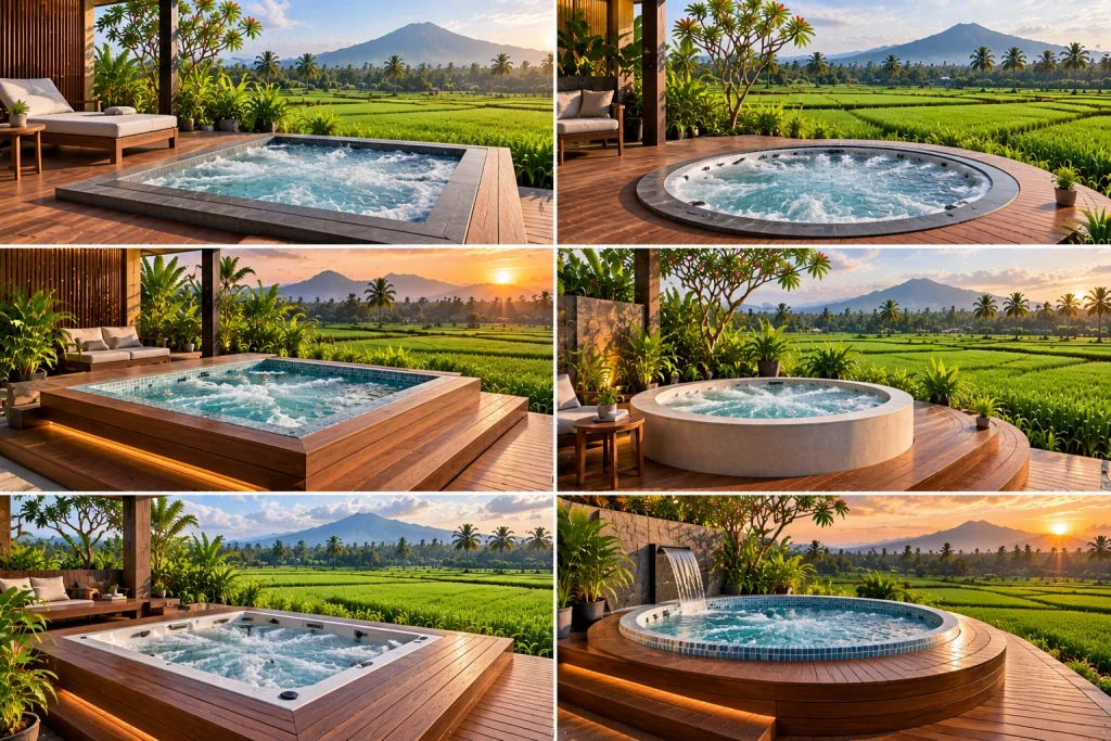 Kolam whirlpool Minimalis dengan Deck Kayu Bentuk Persegi, Bulat, view persawahan