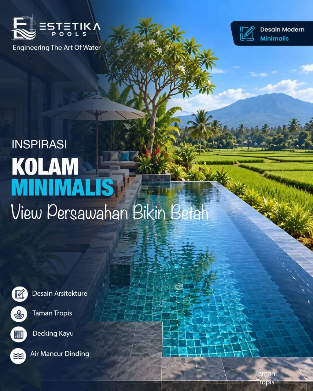kolam renang minimalis di belakang rumah dengan view persawahan