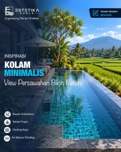 kolam renang minimalis di belakang rumah dengan view persawahan