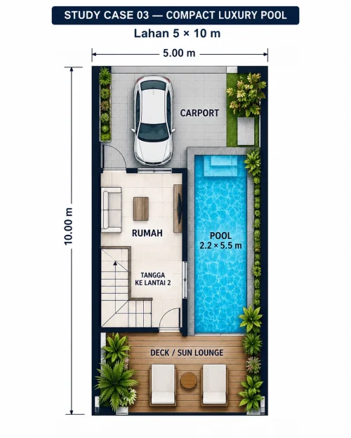 Denah kolam renang compact 2,2x5,5 meter untuk lahan kecil