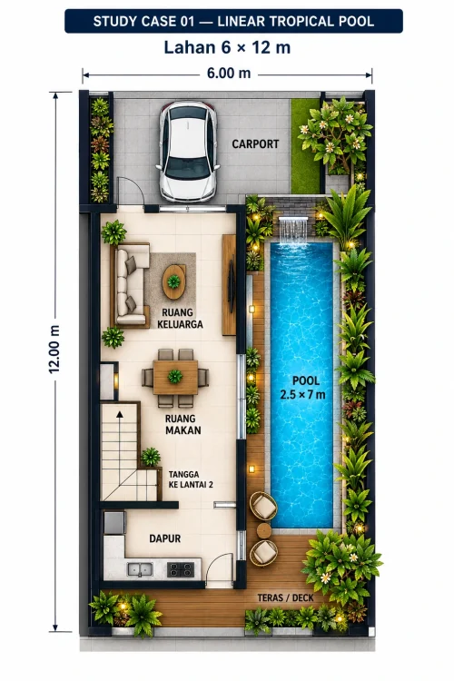 Denah kolam renang lahan kecil 6x12 meter dengan konsep linear tropical pool