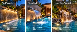 referensi kolam renang memakai Wall Waterfall, Water Blade, Natural Stone Waterfall