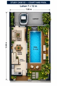 Render courtyard pool minimalis modern dengan taman tropis