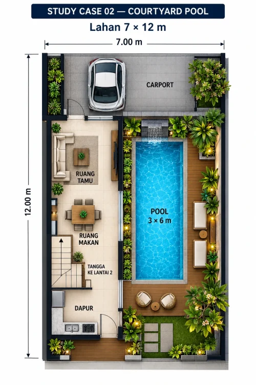Render courtyard pool minimalis modern dengan taman tropis