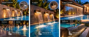 water feature kolam renang, Spout fountain, Deck jet, Bubbler, Scupper, Water curtain, Spillover